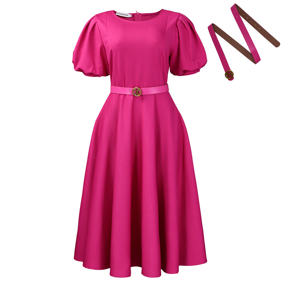 D590 european and american women's clothing  summer fashion puff sleeve elegant high waist solid color round neck large skirt african dress