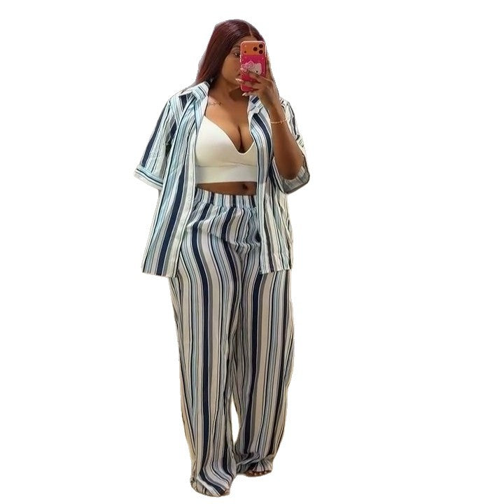 European and american cross-border african women's clothing  summer new fashion casual striped loose shirt high-waisted pants set