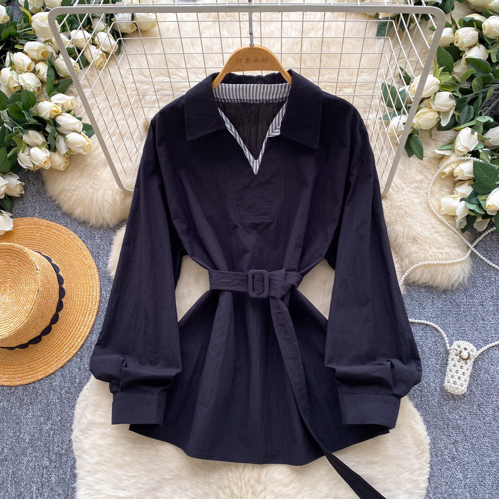 Korean style commute-friendly, skin-friendly & breathable yellow shirtdress - women's long sleeve tie-waist slimming design top