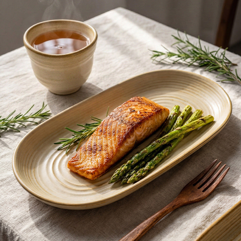 Vintage chic ceramic oval fish plate - perfect for restaurants, hotels, and home use. featuring a textured, rectangular design ideal for steamed fish, sushi, and elegant plating