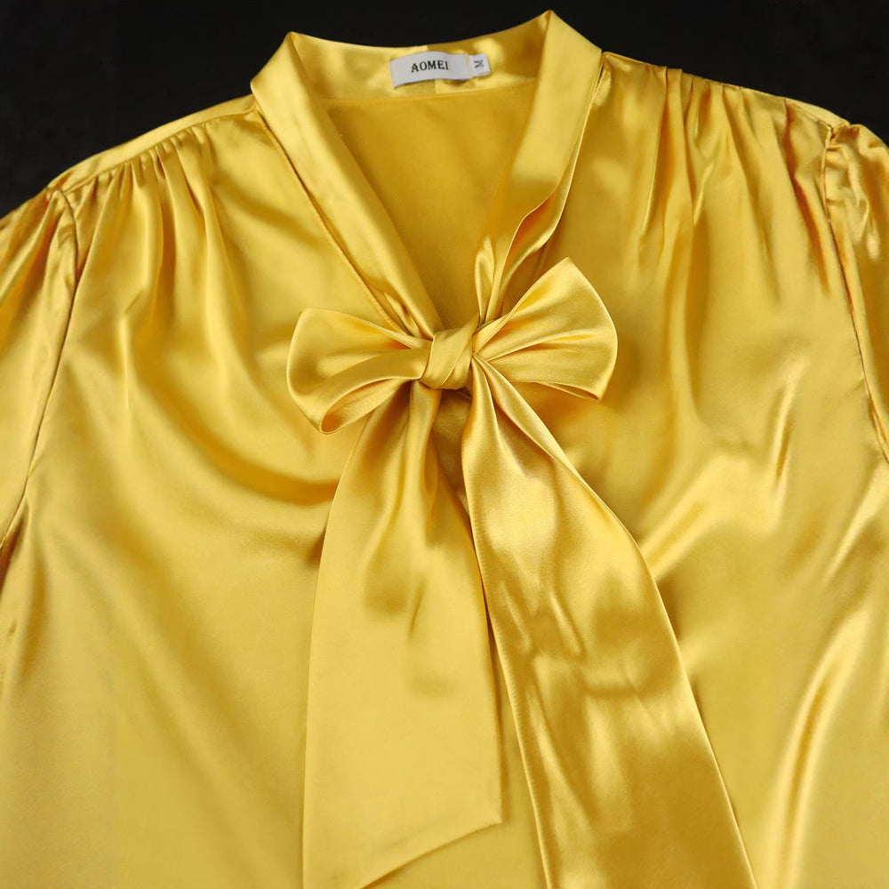 European and american sexy v-neck bow long sleeve top & elegant pleated wide-leg pants two-piece set