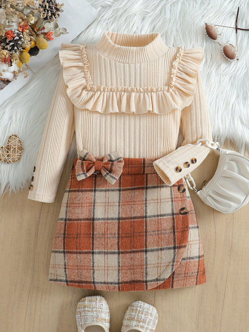 autumn new arrival: mock neck princess sleeve top + plaid skirt two-piece set