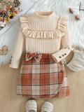 autumn new arrival: mock neck princess sleeve top + plaid skirt two-piece set