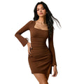 Spring/summer new arrival: brown square neck bodycon mini dress with slit, flared long sleeves, and pleated detail – elegant and chic for work or play