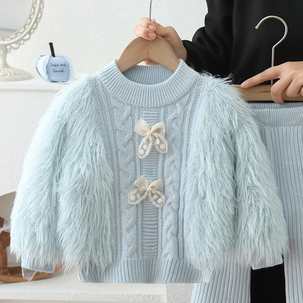 Girls' sweater set - new autumn/winter style, korean-inspired, solid color, fuzzy bow knit pullover two-piece outfit