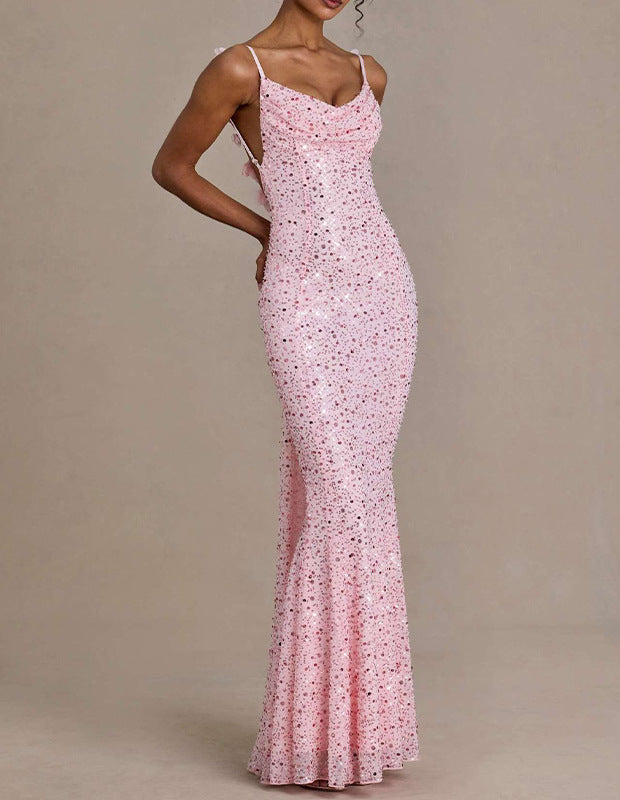european and american cross-border celebrity style sequin beaded tube top mermaid dress evening party backless slim fit maxi dress