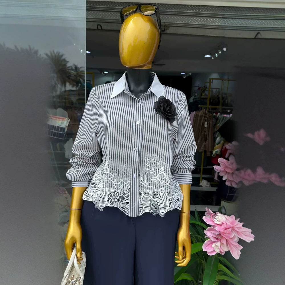European and american cross-border women's fashion:  summer new arrival - chic and elegant lace-trimmed, striped, long-sleeved blouse with turn-down collar