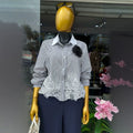 European and american cross-border women's fashion:  summer new arrival - chic and elegant lace-trimmed, striped, long-sleeved blouse with turn-down collar