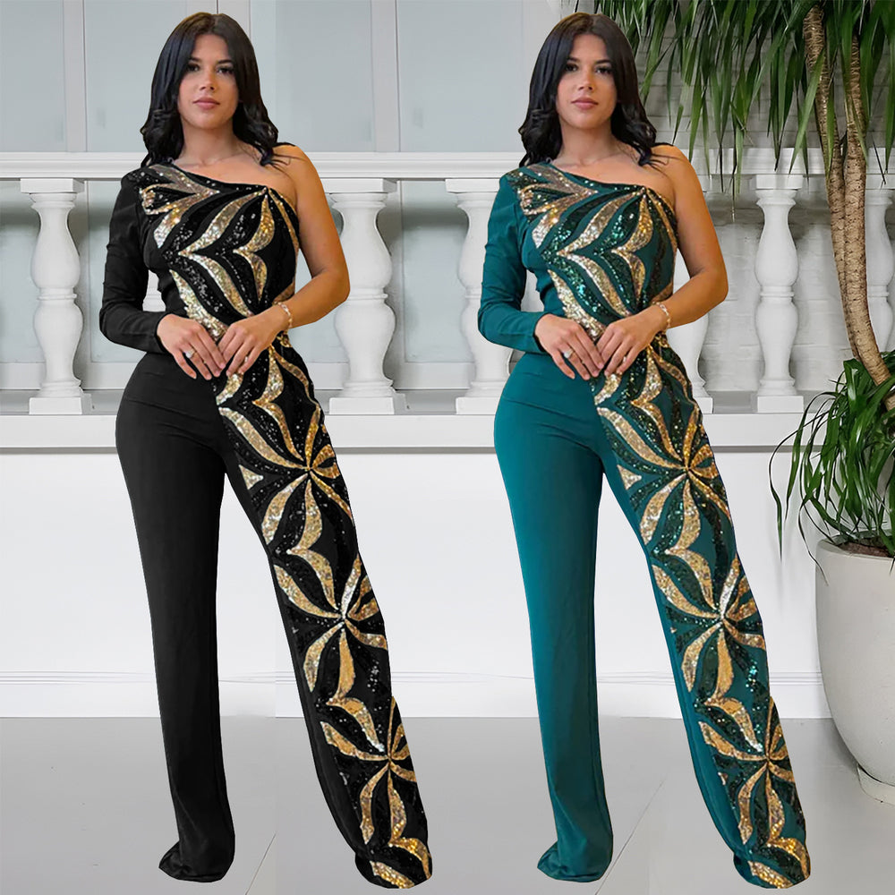 C7301 cross-border   fashion women's elegant bodycon one-shoulder sequin sleeveless jumpsuit