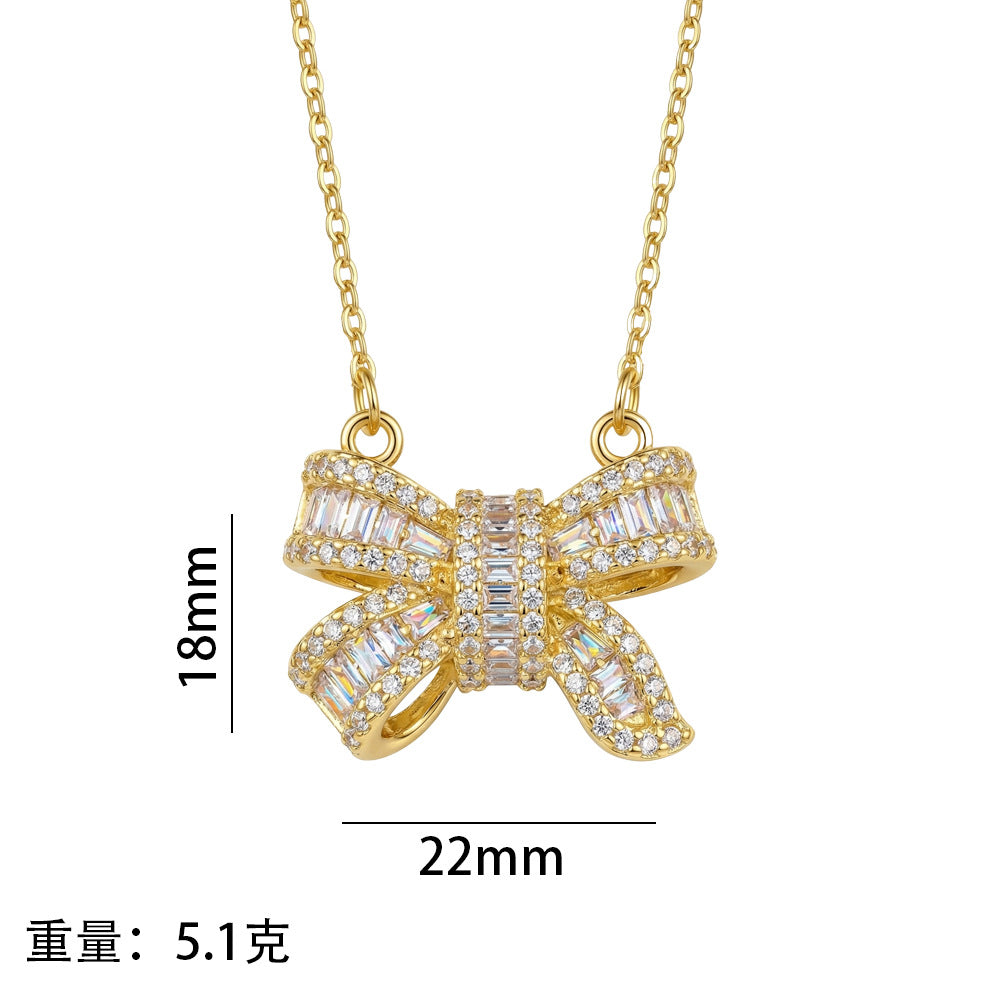 Popular internet celebrity fashion copper gold-plated full diamond bow necklace for women accessible luxuryniche styleeasiest for match titanium steel clavicle chain jewelry