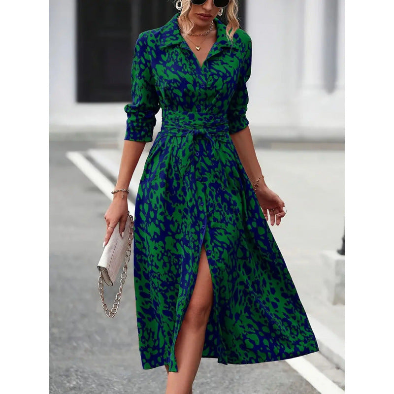Shipped to fashion cross-border  all-over printing buttons long sleeves waist a-line dress independent station