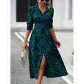 Shipped to fashion cross-border  all-over printing buttons long sleeves waist a-line dress independent station