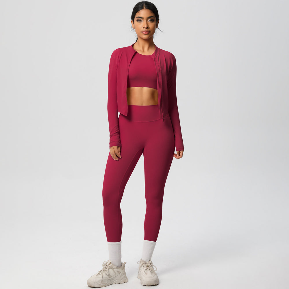 European and american style solid color seamless brushed yoga set - tight-fitting, quick-drying, butt-lifting workout running fitness three-piece set