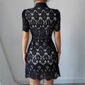 fashion for europe and america:  summer new arrival - color block turn-down collar, water-soluble embroidery, elegant waist-defining short-sleeve dress
