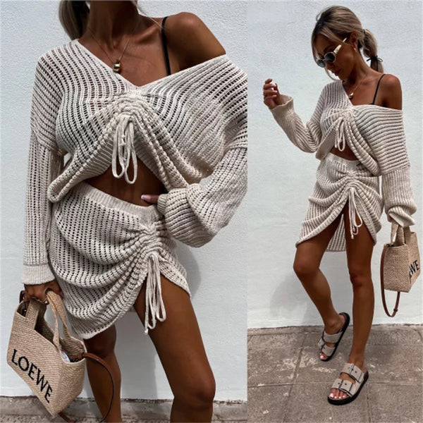 summer new casual sexy women's skirt set fashionable pleated top solid color drawstring skirt