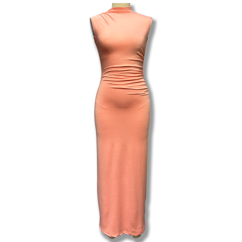 European and american style women's foreign trade dress  new solid color long sleeveless round neck elegant casual pullover dress