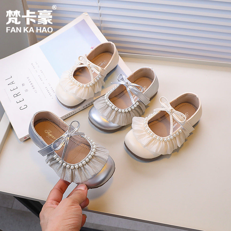 Vancahao girls' lace bow princess shoes, new autumn  collection, kids' silver soft sole single shoes, leather shoes