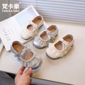 Vancahao girls' lace bow princess shoes, new autumn  collection, kids' silver soft sole single shoes, leather shoes