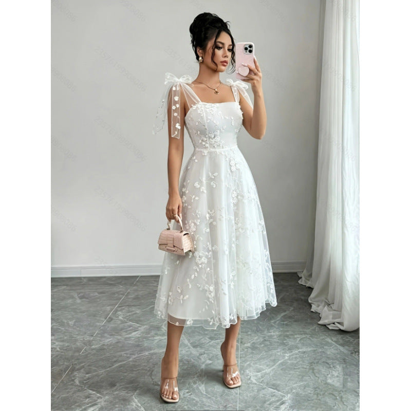 European and american cross-border women's summer elegant romantic mesh embroidered fabric tie-waist a-line midi dress
