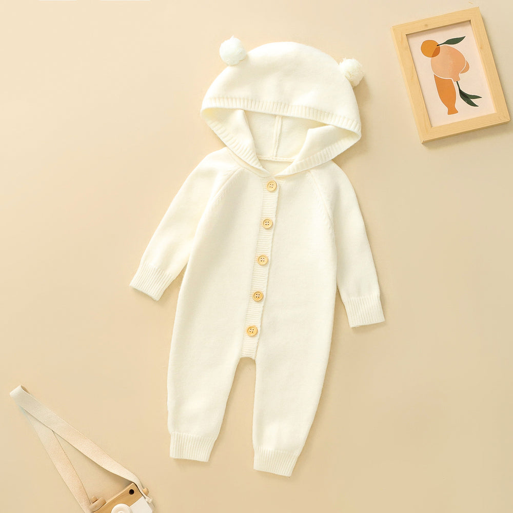 Korean style baby romper - autumn cute pom-pom bear knit hooded bodysuit (036)
