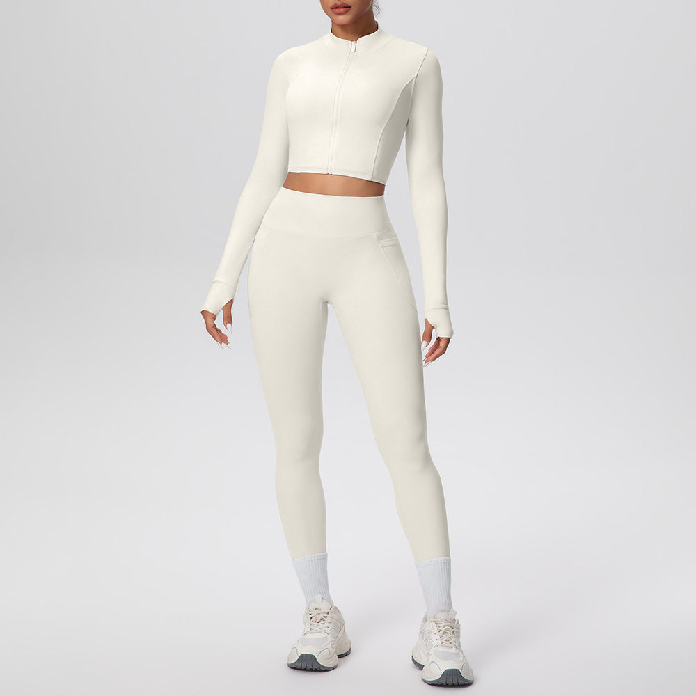 Cropped zip-up yoga set: high-waisted, butt-lifting leggings with pockets - perfect for running, fitness, and casual wear