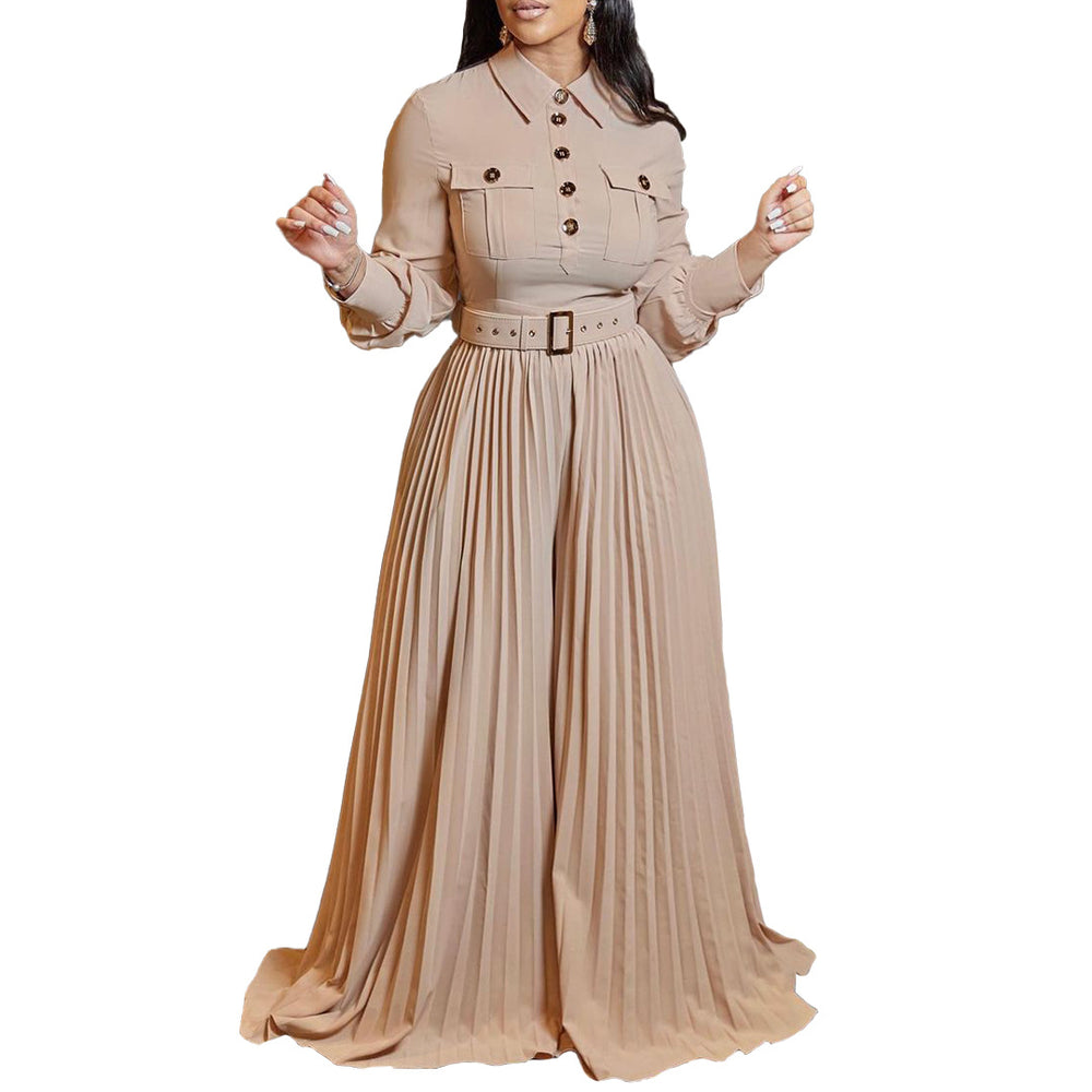 C8504 belted european and american style women's  spring/summer new long-sleeve casual loose pleated wide-leg jumpsuit - export quality
