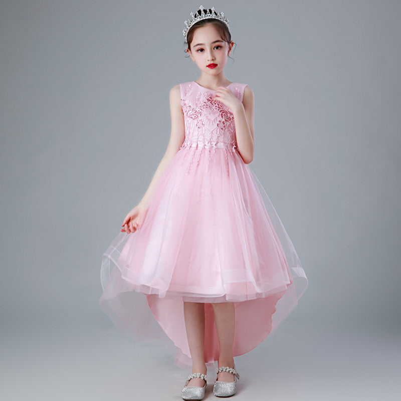 summer girls' tulle princess dress with train - sizes 3-13 years, mid-to-large children's formal dress, floral kids' dress