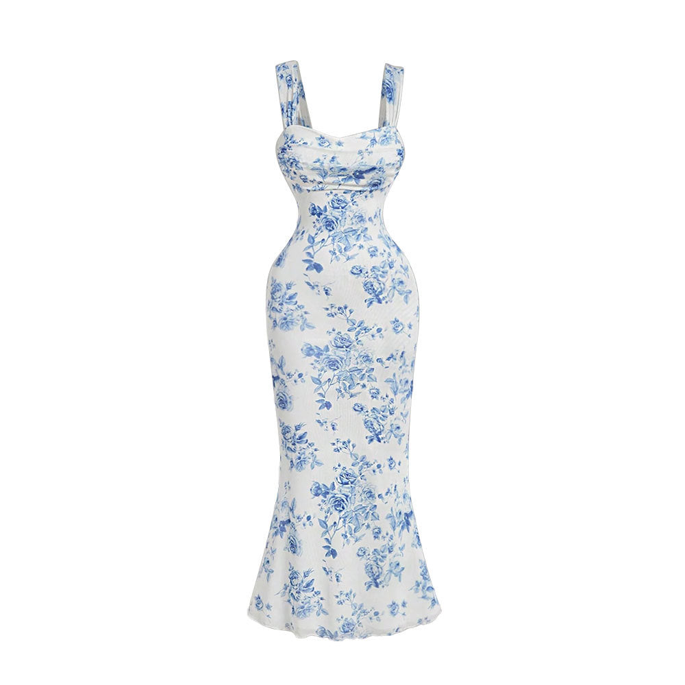 Amazon cross-border women's fashion: european and american sexy style floral print slip dress - new summer high-waisted bodycon maxi dress