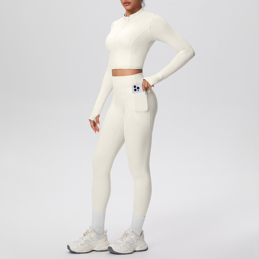 Ready-to-ship cross-border solid color brushed micro-fleece short jacket & leggings set - tight fit, pocketed, perfect for running, fitness, and yoga