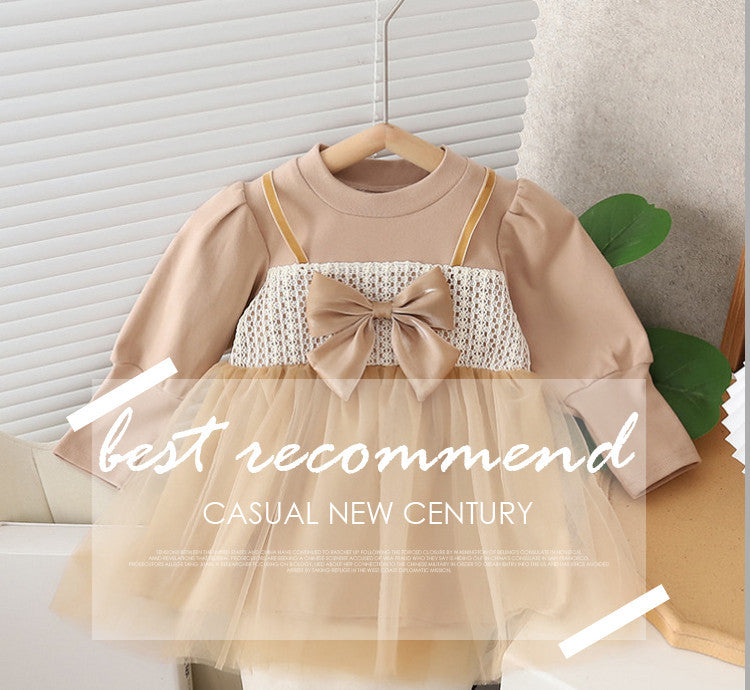 Girls' autumn dress - toddler & little girl hepburn style fashionable dress - little girl's puff sleeve bowknot mesh skirt