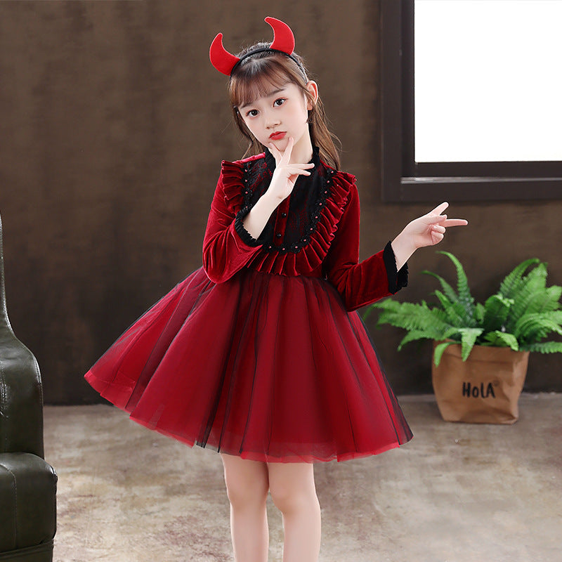 Girls' red tulle dress - long sleeve, puffy princess style, fleece-lined, thickened, spring/autumn dress for little girls