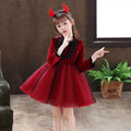 Girls' red tulle dress - long sleeve, puffy princess style, fleece-lined, thickened, spring/autumn dress for little girls