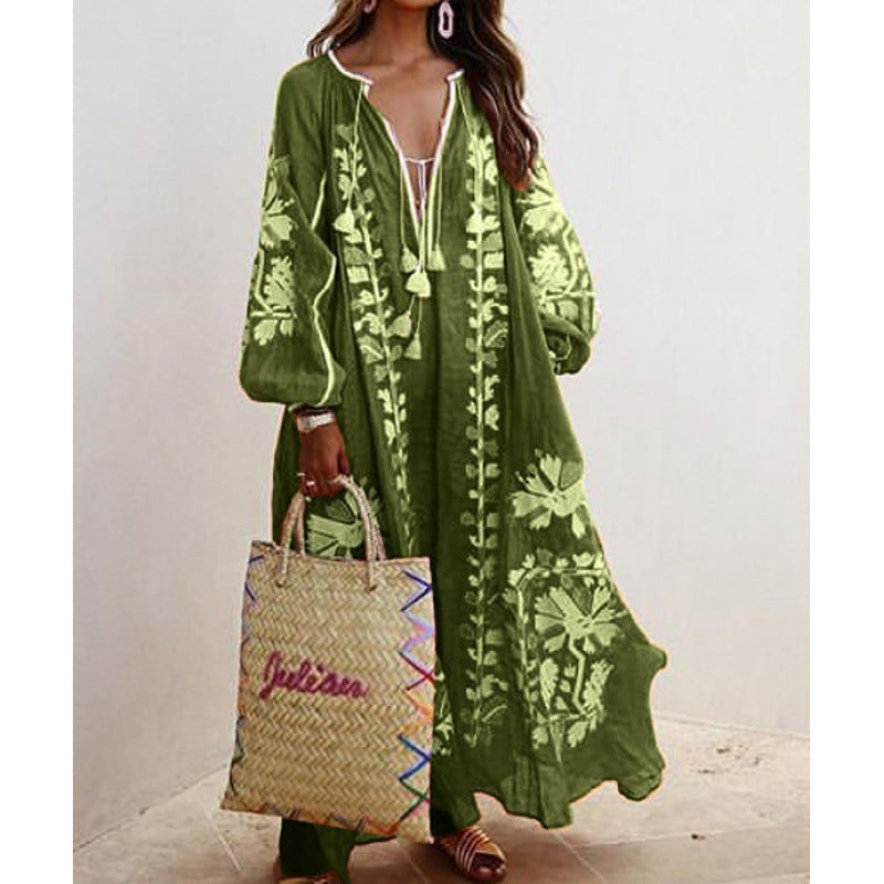 fashion  women's fashionlooselong sleevestie backv neckprinting large swing dress women's dress