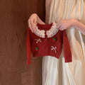 French sweet girl's  korean style early autumn new arrival: red bow cardigan & casual floral dress two-piece set