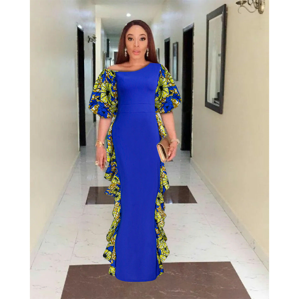 fashion african export new arrival evening dress oblique shoulder style e-commerce  women's wax cloth puff sleeve long skirt