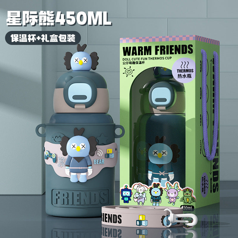 Cute and fun kids' insulated water bottle - 316 stainless steel, food-grade, cartoon design, portable student straw cup