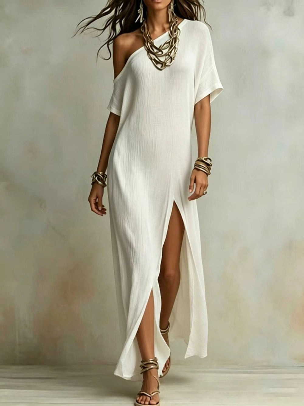 summer european and american cross-border  independent station new arrivalelegance short sleeve cotton and linen pleated slit women's dress