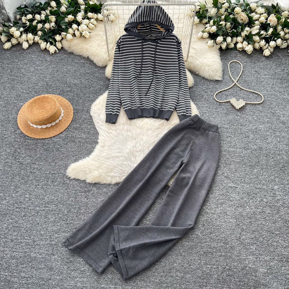 Commuting style hooded cardigansweatertwo-piece set women's autum silmslimming lookloose pants lazy suit light mature outfit