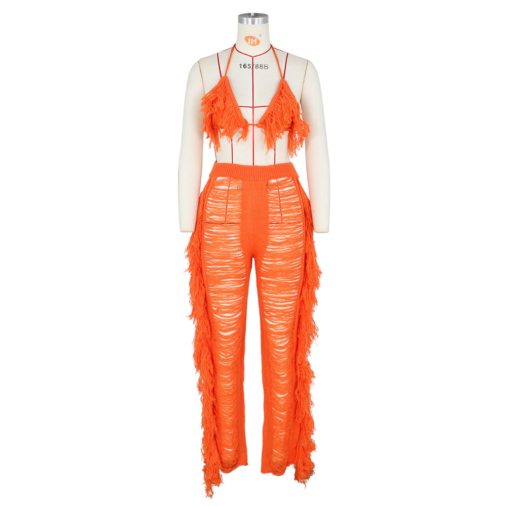 Source factory  summer new european and american style sexy tassel knit pant set