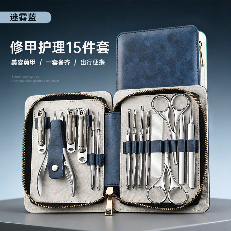 Stainless steel zipper pouch nail clipper set - 15 piece manicure & pedicure kit with nail clippers, cuticle nippers, and eyebrow scissors