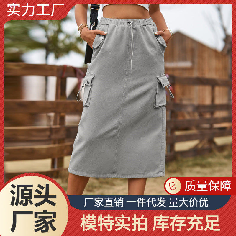 European and american cross-border e-commerce women's apparel: new heavy-duty drawstring design denim work skirt/utility skirt for independent websites and