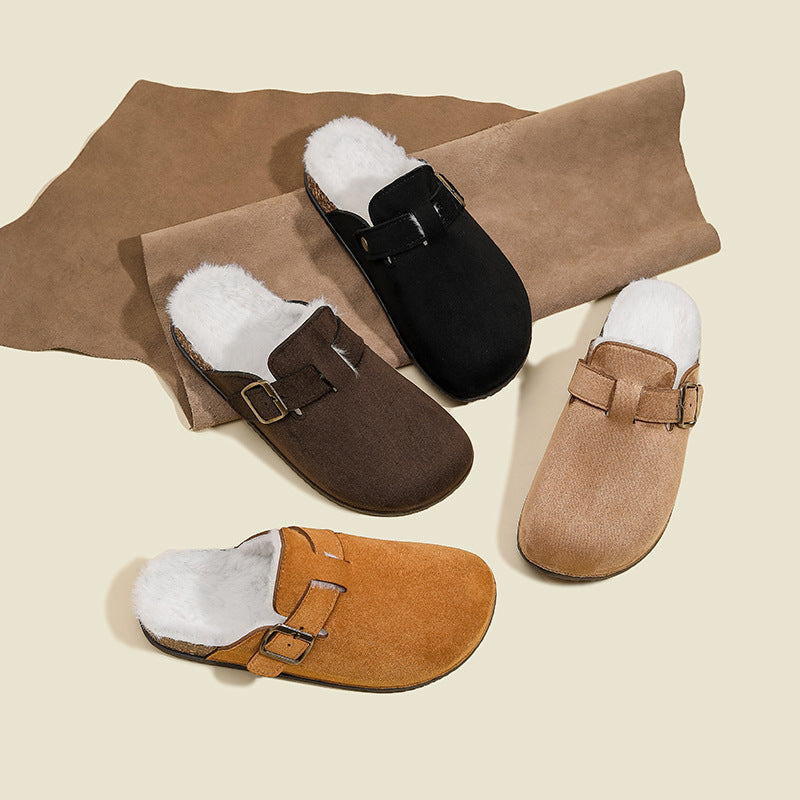 Birkenstock women's 2025 new autumn/winter slip-on warm fleece-lined fuzzy birkenstock shoes, lazy closed-toe half-slipper cotton shoes