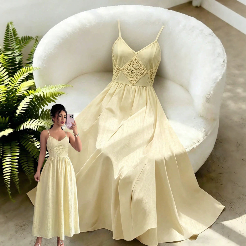 fashion  summer new arrival yellow lace patchwork camisole maxi dress - cinched waist, v-neck, vacation style