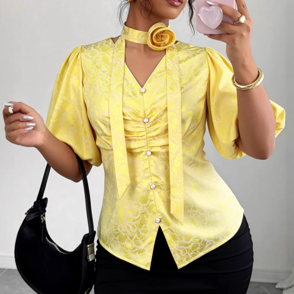 Spring/summer new v-neck puff sleeve 3d floral slim-fit solid color top - elegant single-breasted pleated waist blouse