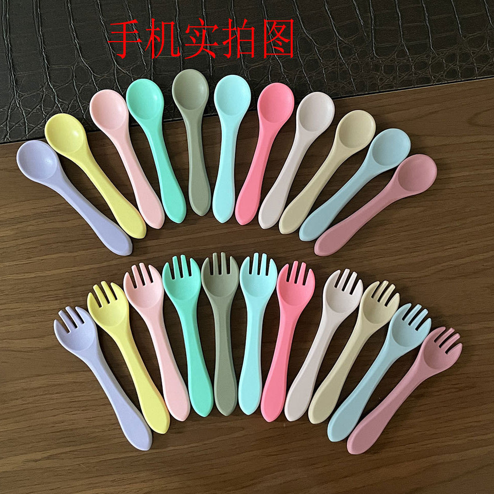 Children's fork and spoon baby spoon Children's learning to eat training Baby fork tableware Self-eating rice spoon Silicone
