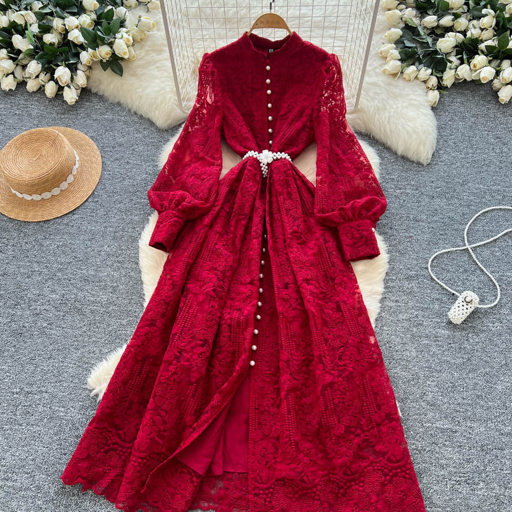French retro court style beaded single-breasted tie-waist embroidered mesh dress - women's elegant maxi dress
