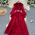 French retro court style beaded single-breasted tie-waist embroidered mesh dress - women's elegant maxi dress