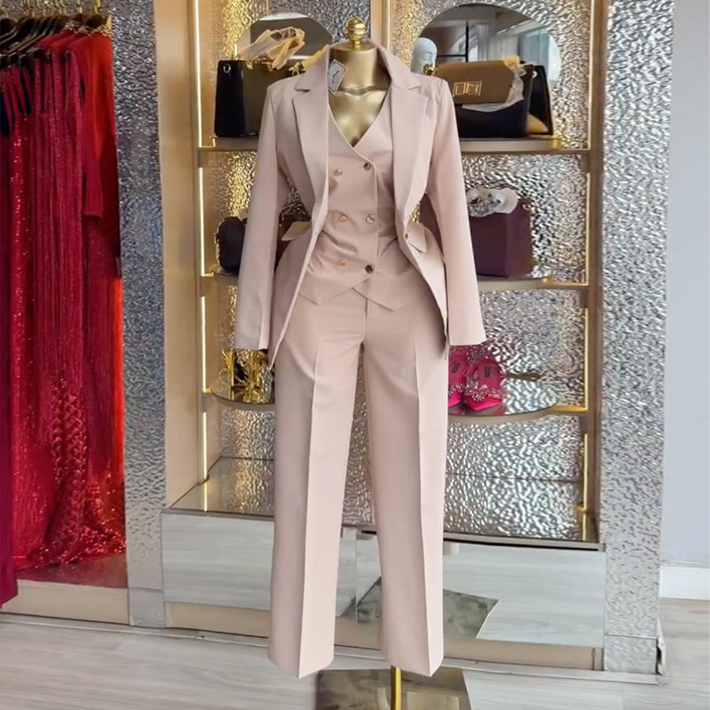 European and american cross-border women's fashion  spring new arrival: elegant commute solid color blazer, vest, and pants three-piece set