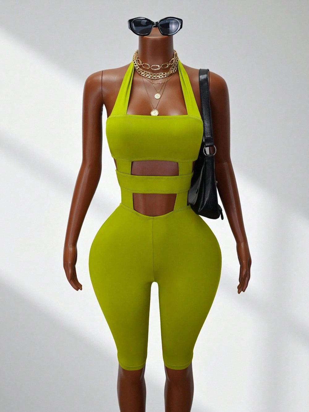 new solid color bodysuit - slim fit activewear, casual halter neck, open back jumpsuit - fashionable and high-end