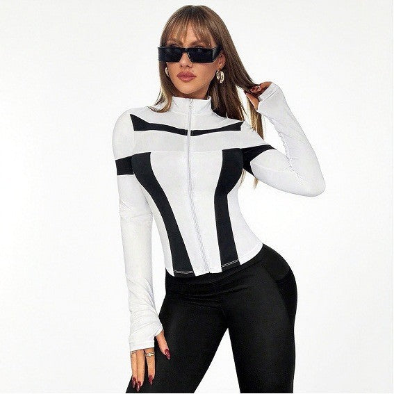 Pre-sale OEM black and white contrasting color zipper blazer windproof breathable trend slim slim slim yoga fitness jacket